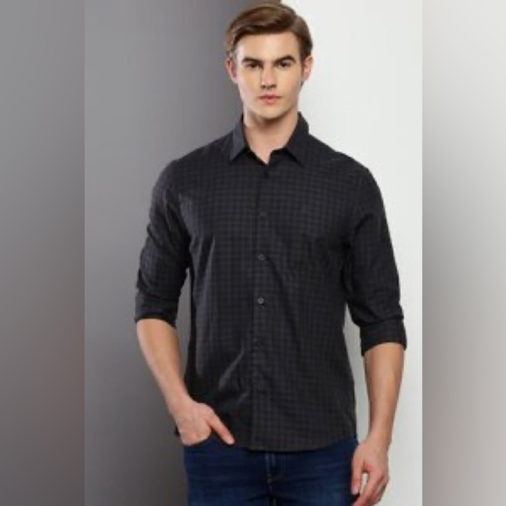 Calvin Klein Black Cotton Checkered Casual Shirt
